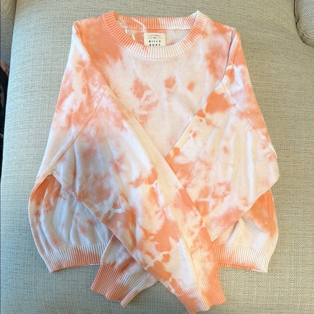 Billabong Orange and White Cropped Crew Neck Sweater with Tie-Dye Pattern